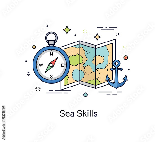 Sailor navigation tools concept with a compact composition of a compass, folded map, and small anchor icon arranged harmoniously, representing preparation and