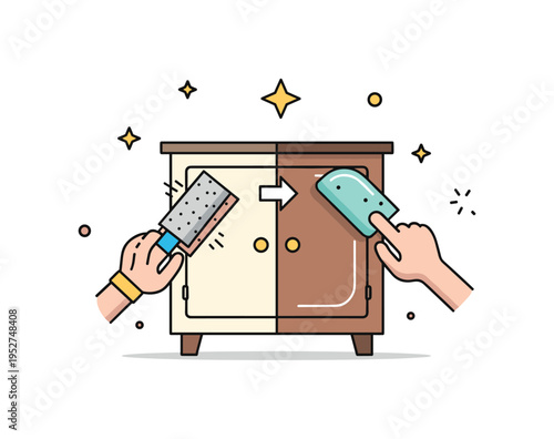 Furniture restoration process showing a small cabinet with sanding marks on one side and a smooth polished finish on the other, symbolizing careful work and