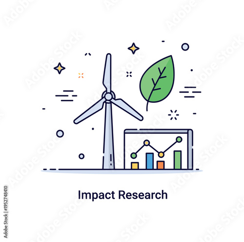 Wind energy research centers environmental impact study illustrated by a turbine beside a leaf icon and subtle graph line, expressing ecological assessment and
