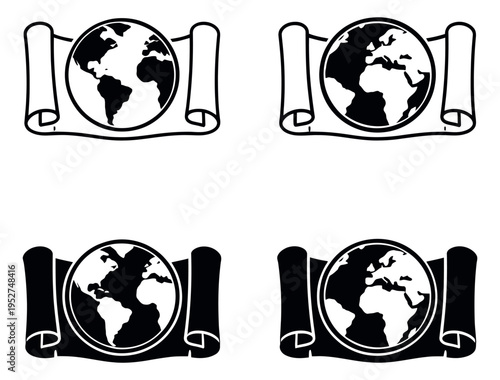 Line art world banner set featuring different globe maps in outline and solid fill variations for international communication and educational content