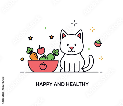 Plant based pet food healthy lifestyle scene with a simple pet silhouette beside a bowl containing small vegetable icons, symbolizing balanced nutrition and
