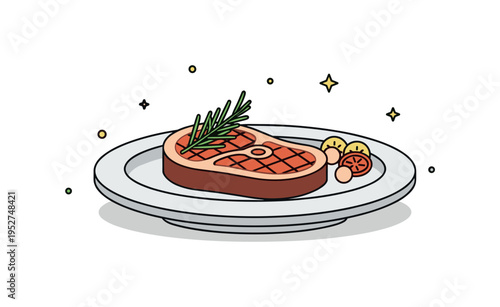 Gourmet steak plate highlighting a perfectly seared cut with rosemary sprig and minimal side garnish communicating premium quality and culinary excellence.