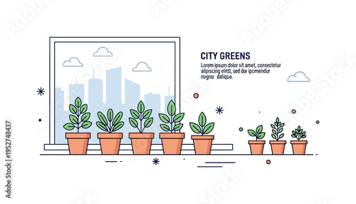 Urban apartment herb growing theme featuring compact potted plants aligned under a minimal city skyline visible through the window. A short ?City Greens? text