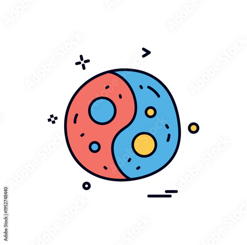 Biological mosaic organism theme centered on a simplified cell icon blending two contrasting color zones with a subtle dividing curve, symbolizing chimerism in