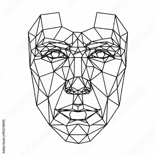 Geometric face mesh representing biometric data and facial recognition technology.