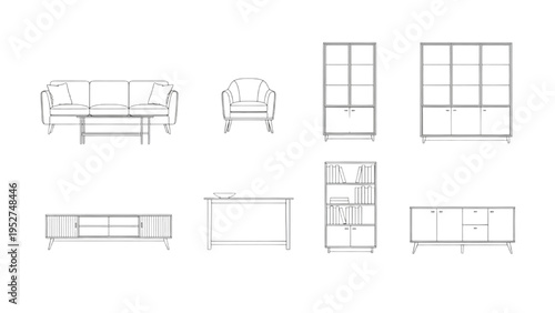 Collection of various furniture items in line art style