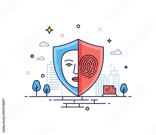 Multimodal biometric security combining face and fingerprint symbols merged into a single shield emblem, accompanied by subtle city elements in the background,