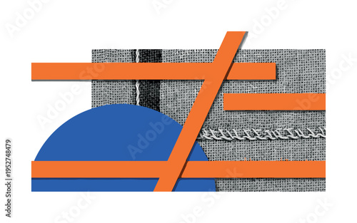 Black and white close-up of burlap sack fabric texture with stitched seam detail, oversized cobalt blue semicircle framing the fabric, abstract