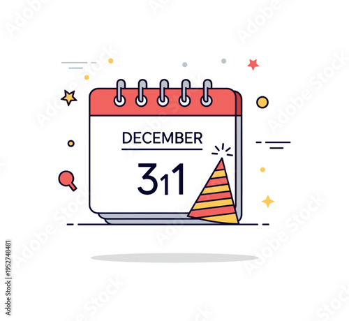 Celebration countdown party scene featuring a calendar page marked for December thirty first paired with small party hat icon, expressing preparation and
