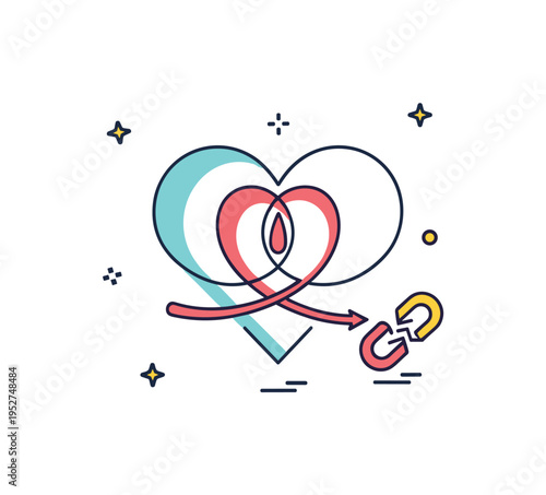 Emotional tangle represented by a heart shape made of looping lines, with a tiny broken link icon suggesting relationship confusion and resolution. The