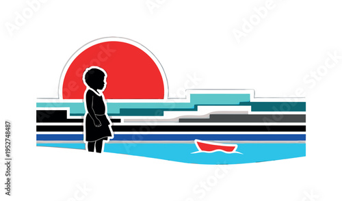 Black and white islander child standing near abstract geometric shoreline, bold semicircle sun behind, rectangular blocks shaping minimal horizon, layered