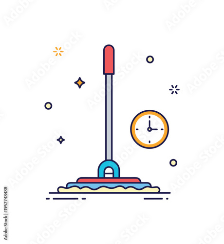 Floor cleaning shortcut concept shown as a mop paired with a small clock icon, expressing time saving routines and smart household management. The compact