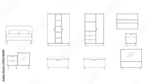 Collection of home furniture line art drawings and sketches