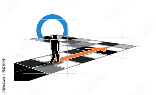 Black and white employee moving along a geometric pathway made of rectangular blocks, bright blue circle framing the upper path, orange arrow-shaped bar