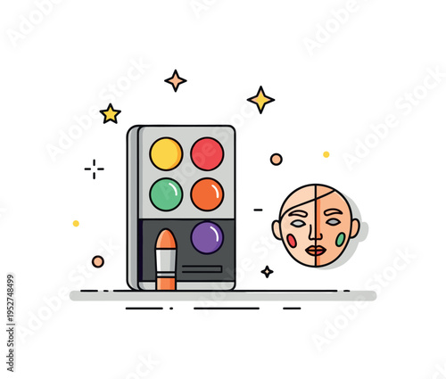 Theater character transformation illustrated by a makeup palette with vibrant colors and a small half-painted face icon, symbolizing creative change and role