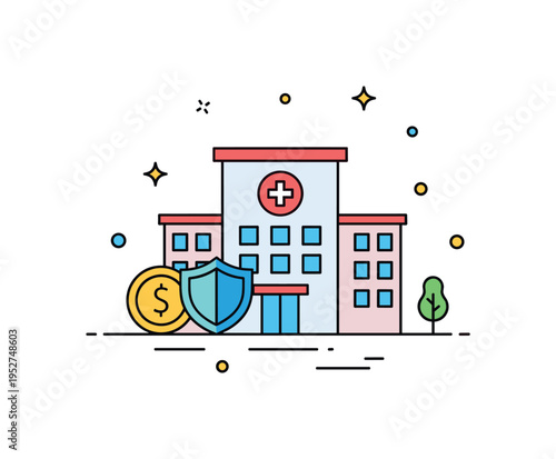 Affordable healthcare services theme represented by a simple hospital building icon paired with a small coin and shield symbol. The scene