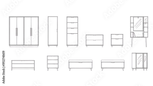 Collection of minimalist outline furniture icons for interior design concepts