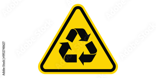 Yellow triangular recycling warning sign with black border and symbol isolated on white background