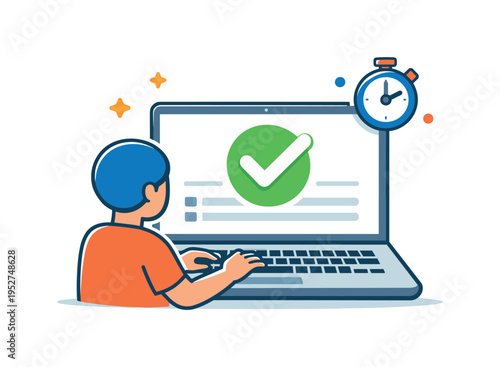 Online quiz participation laptop screen displaying a large checkmark while a student figure taps a keyboard, subtle timer icon reinforcing real-time