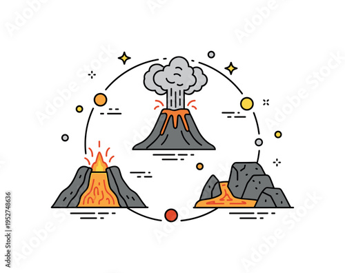 Volcanic eruption cycle overview illustrated through a circular composition connecting magma chamber, eruption plume, lava flow, and cooled rock, conveying