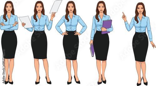Professional businesswoman in blue shirt and black skirt holding documents and folders in various standing poses isolated on white (20 words)