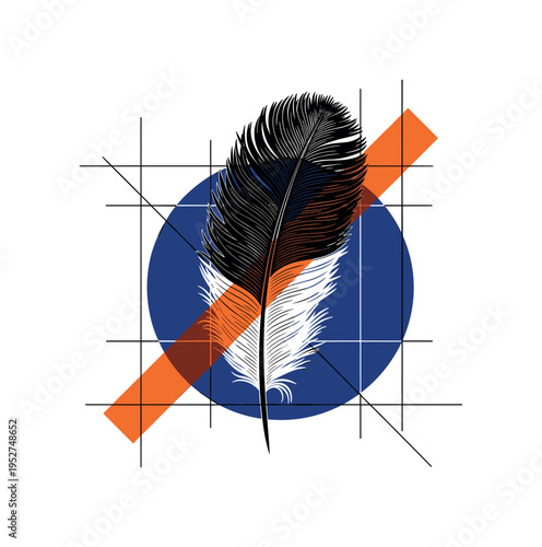 Black and white ostrich feather enlarged as central graphic element, bold deep blue circle behind the feather shaft, sharp orange rectangular highlight