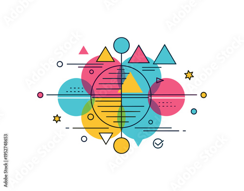 Abstract composition of overlapping circles, triangles, and lines in bright accent colors, creating visual rhythm, balance, and playful energy. Minimalist flat