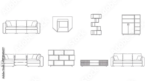 Collection of line drawings of modern furniture and home decor