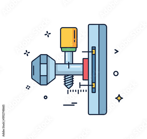 Assembly adjustment close up of a screw being tightened into a device panel with small alignment marks, conveying setup, calibration and proper installation.