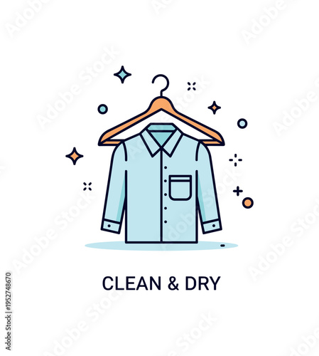 Dry cleaning service badge featuring a single hanger with a neatly pressed shirt and subtle sparkle accents. A short ?Clean & Dry? caption communicates