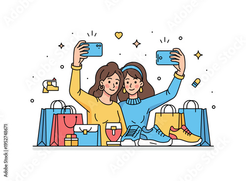 Taking selfies with best friends surrounded by shopping bags and stylish items, capturing memorable moments and playful energy in a fun retail environment.