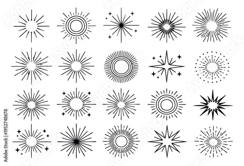 Line art burst elements set featuring diverse sunbursts and starbursts with radial lines for celebration and decoration designs
