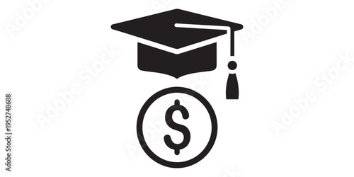 Black graduation cap and dollar sign icon on white background for education cost concept