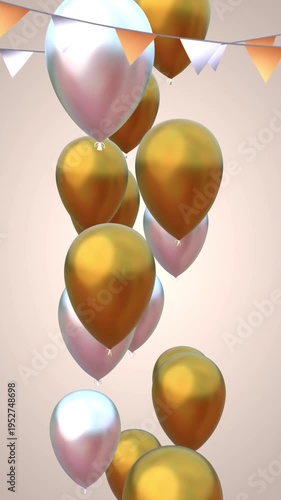 Happy birthday congratulation video with chocolate cake, golden and white balloons flying up and confetti falling down. Anniversary celebration loop animation