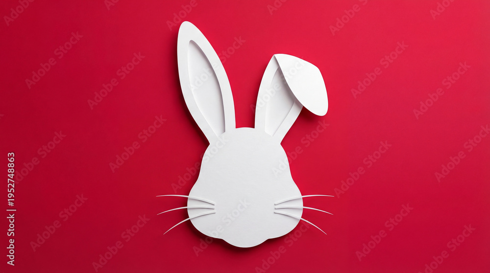 Fototapeta premium Minimalist White Rabbit Head Cutout on Vibrant Red Background for Celebration Design