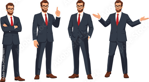 Professional businessman in dark navy suit and red tie standing in different poses, pointing, gesturing, and crossing arms for corporate.