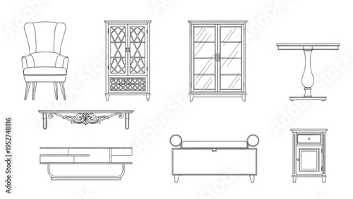 Collection of elegant furniture items on white background