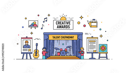 A creative awards ceremony with art, music, and design elements showcased on stage, highlighting achievement, talent, and celebrated accomplishment. Minimalist