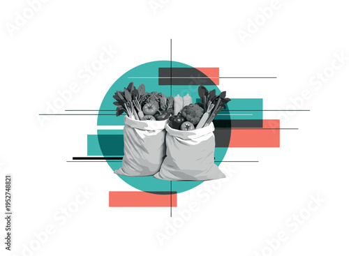 black and white cloth produce bags filled with vegetables, framed by teal geometric circle and coral rectangular forms, thin horizontal lines and abstract