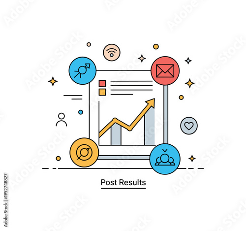 Performance metrics overview featuring a simple report sheet with upward graph line and social icons arranged around it, expressing measurable results and