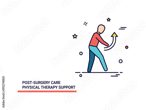 Post-surgery recovery care physical therapy support idea represented by a patient silhouette performing a gentle movement with a small upward arrow accent,