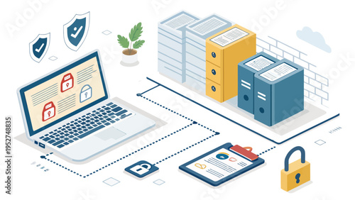 Cyber security workspace with laptop files and protection symbols on white background for safe data storage and management