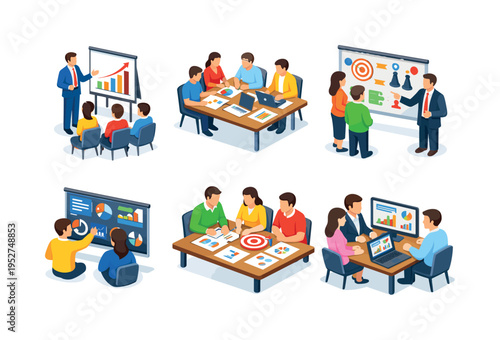 Business strategy. Isometric flat vector icons set of Business strategy: manager presenting growth chart to team, team analyzing financial graphs at conference