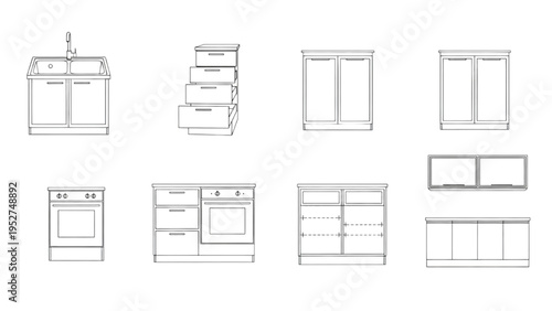 Technical Drawing Outlines of Various Kitchen Furniture and Fixtures Collection