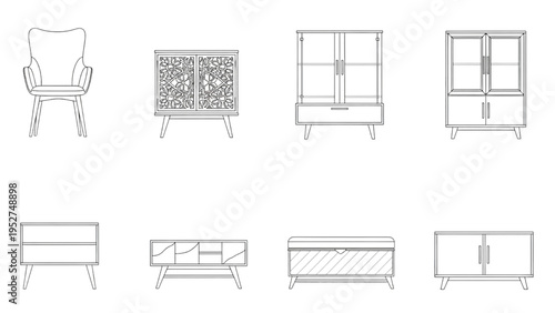Collection of various modern furniture outline illustrations