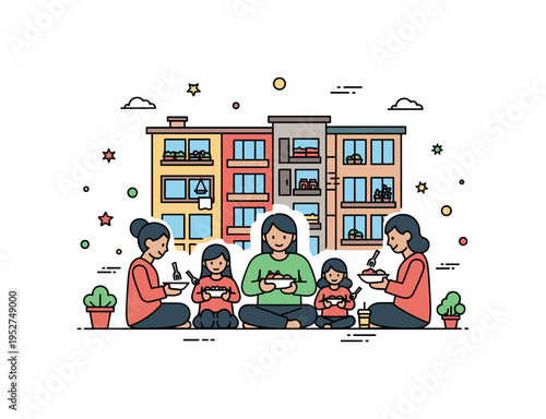 Families sitting outside cramped apartments sharing meals, a scene of intimacy and support despite scarce living conditions. Minimalist flat vector
