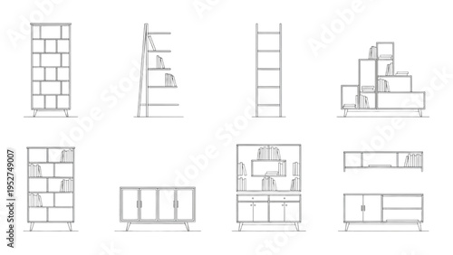Clean line illustrations of contemporary domestic storage furniture concepts