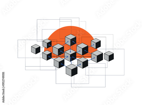 Black and white vintage depiction of interconnected cubes floating independently, large orange semicircle partially hidden behind like rising digital