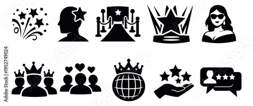 Modern silhouette recognition and fame set featuring stars, awards, red carpet, and celebrity icons for business and social media design