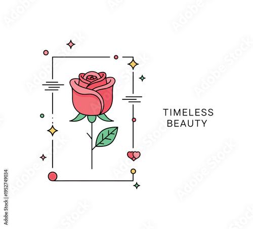 Rose single blooming flower with layered rounded petals and a short stem framed as an elegant botanical badge. A subtle ?Timeless Beauty? caption highlights